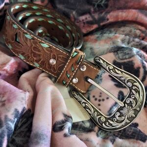 Tooled Brown Leather Belt with Turquoise Accents and Silver Buckle